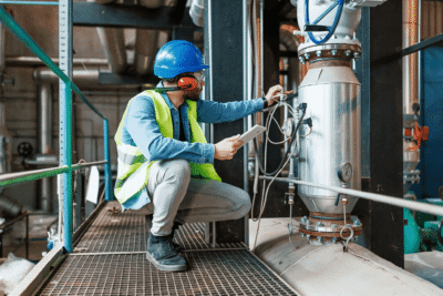 Technician in hard hat examines factory pipes.
