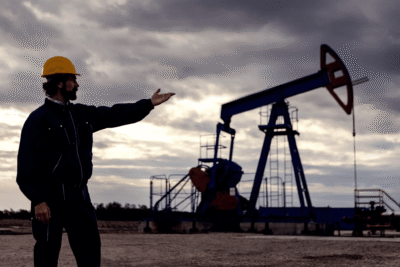 Worker pointing at oil extraction unit.