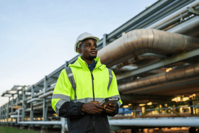 Industrial engineer in high-visibility jacket and helmet.