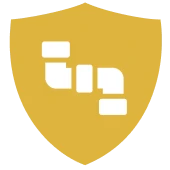 Gold shield logo with white geometric shapes